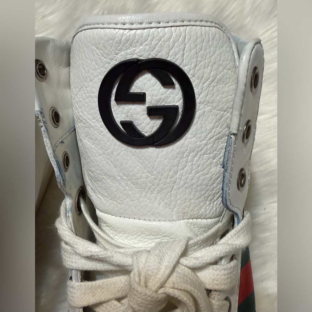 Gucci White High-Top Sneakers with Green and Red Web Stripe - Picture 5 of 12